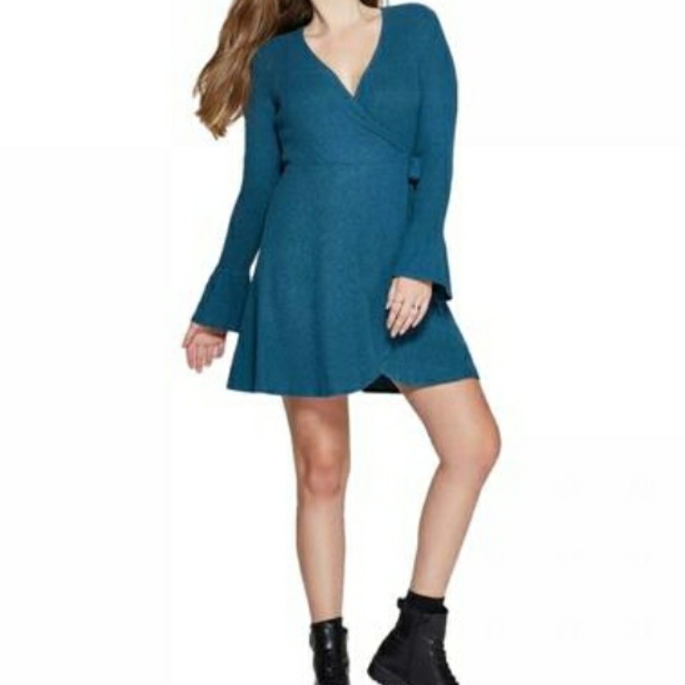 *V NECK WRAP BELL SLEEVE TEAL SWEATER KNIT DRESS LONG SLEEVE SMALL NEW